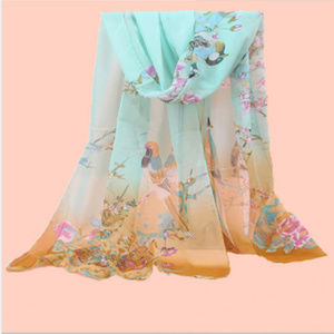 Teal & Olive Chiffon Floral Print Scarf